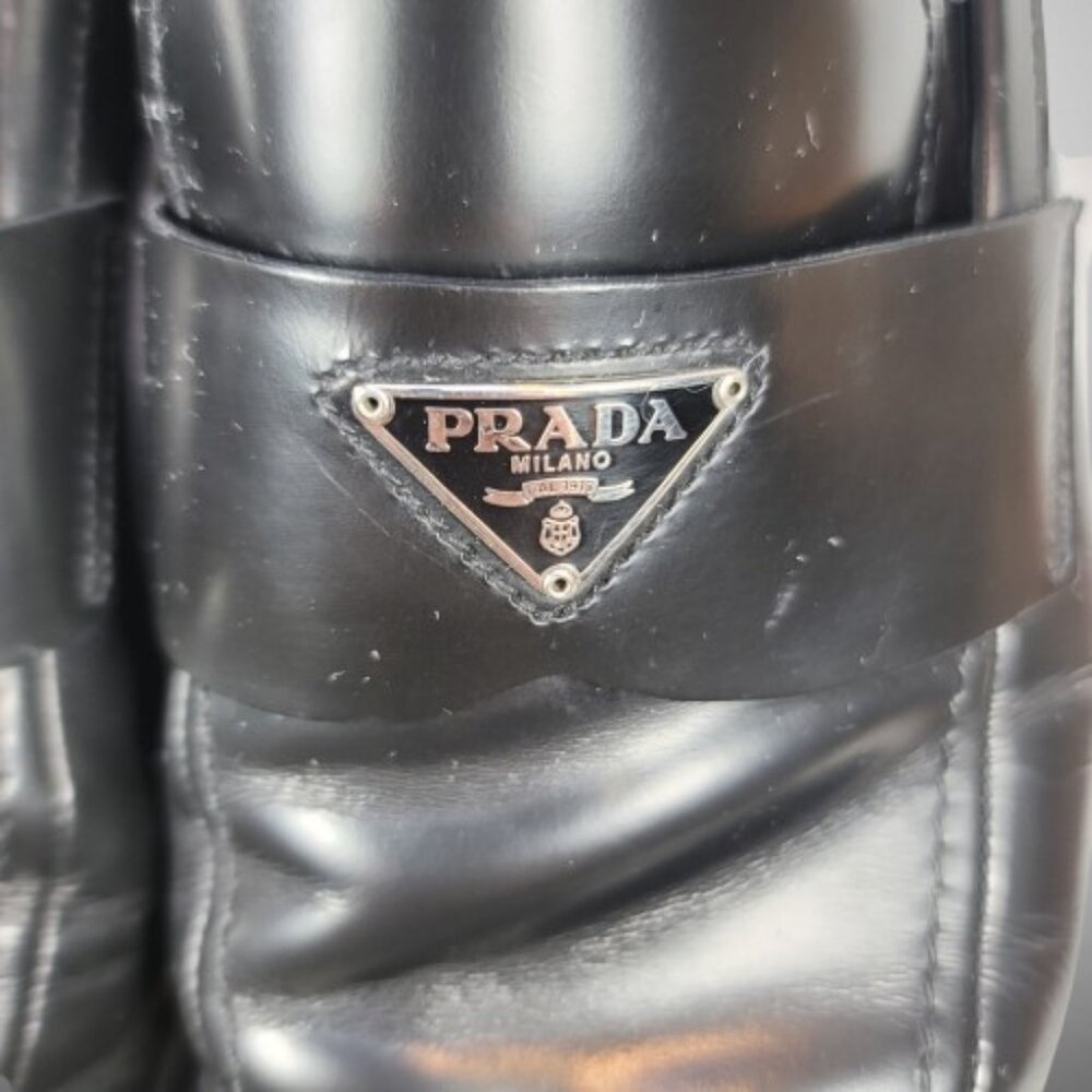 FAIR CONDITION Prada Brushed Leather Triangle Logo Loafers Size: 8.5 - Picture 6 of 16
